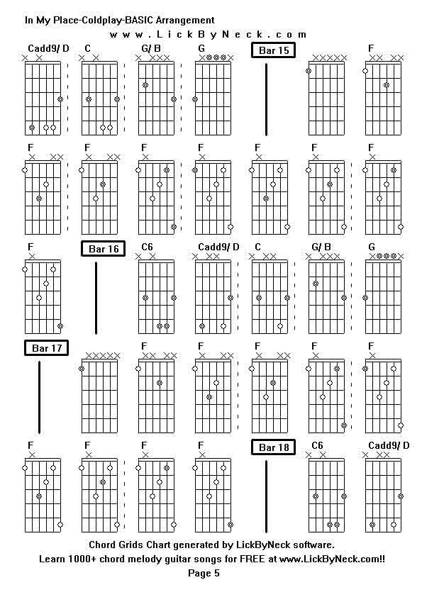 Chord Grids Chart of chord melody fingerstyle guitar song-In My Place-Coldplay-BASIC Arrangement,generated by LickByNeck software.